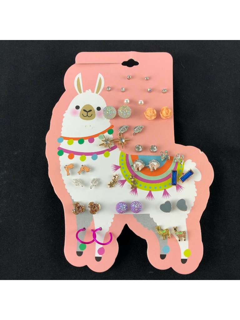 Mudd Stud Earrings Gift Set 20 Pairs Gold Silver-Tone Studs Llama Card 16$